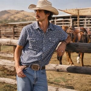 Salt Valley Western Floral Chambray Pearl Snap Button Shirt Men's Medium